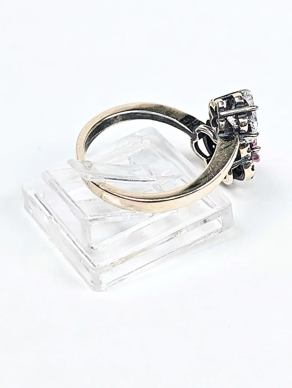 925 Sterling Silver Adjust 7-8 Dual Flower Ring Pink & Clear CZ Open Band Floral
